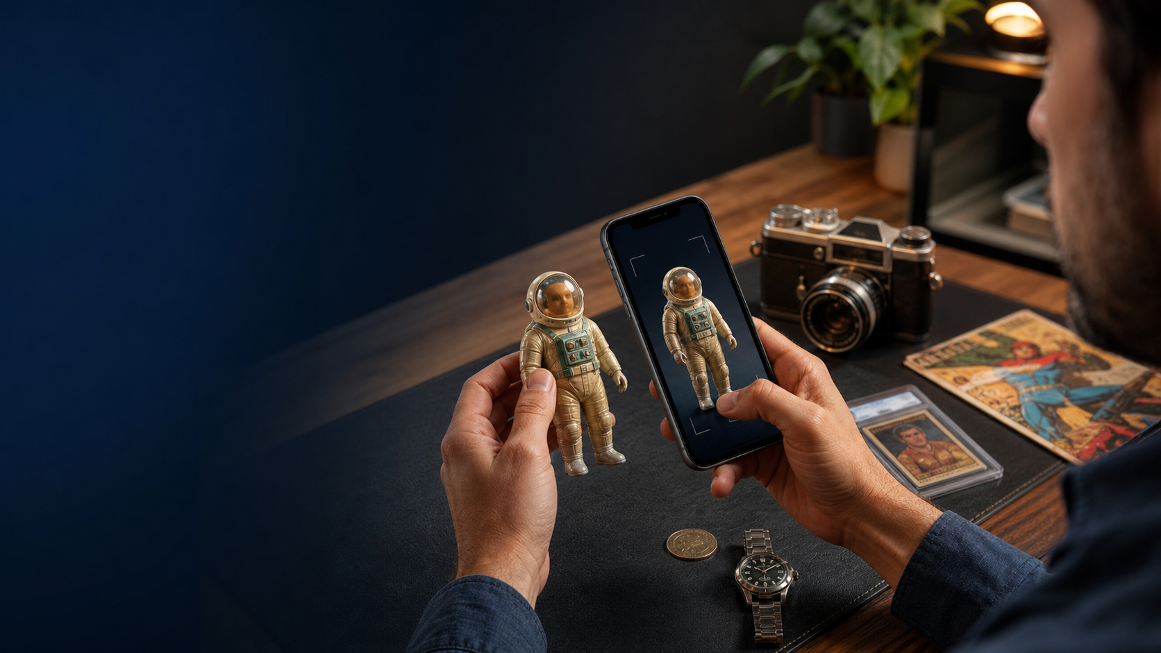 A collector scanning a vintage astronaut figure with a phone